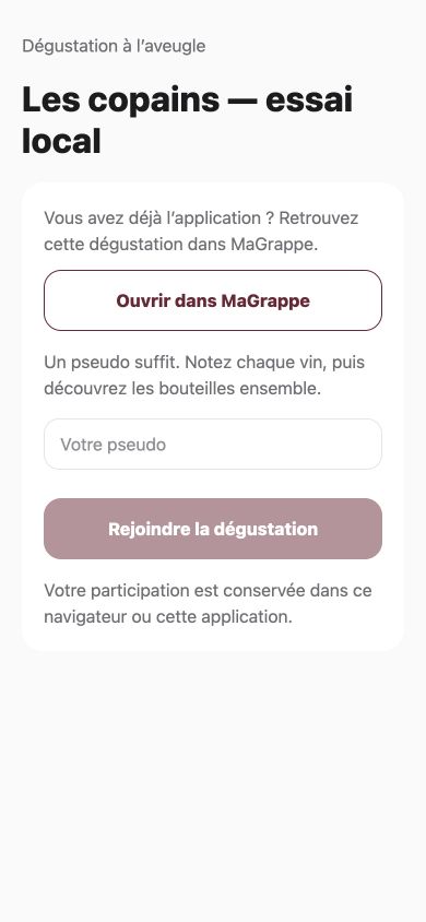 Écran mobile : rejoindre la dégustation avec un prénom