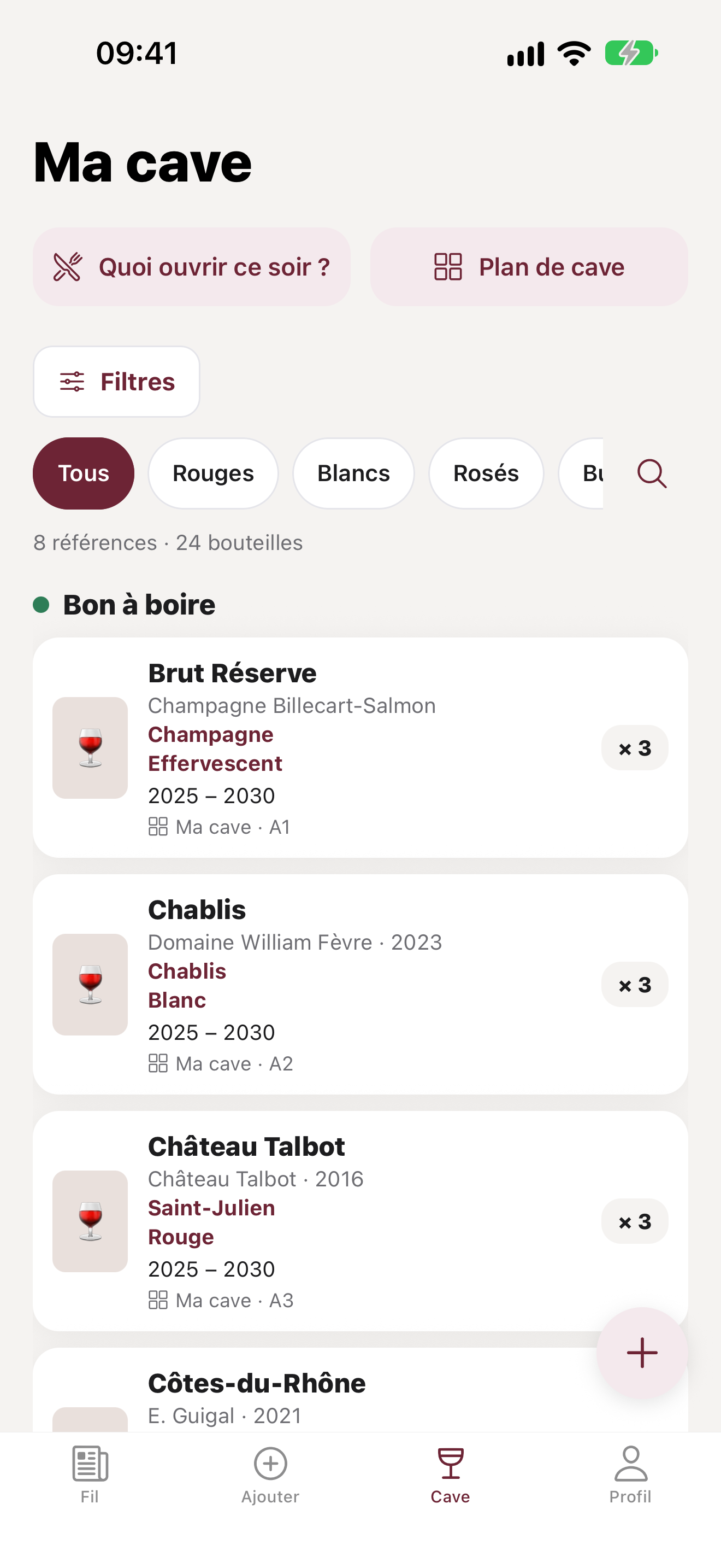 Ma cave : les bouteilles, le stock et les raccourcis pour choisir quoi ouvrir