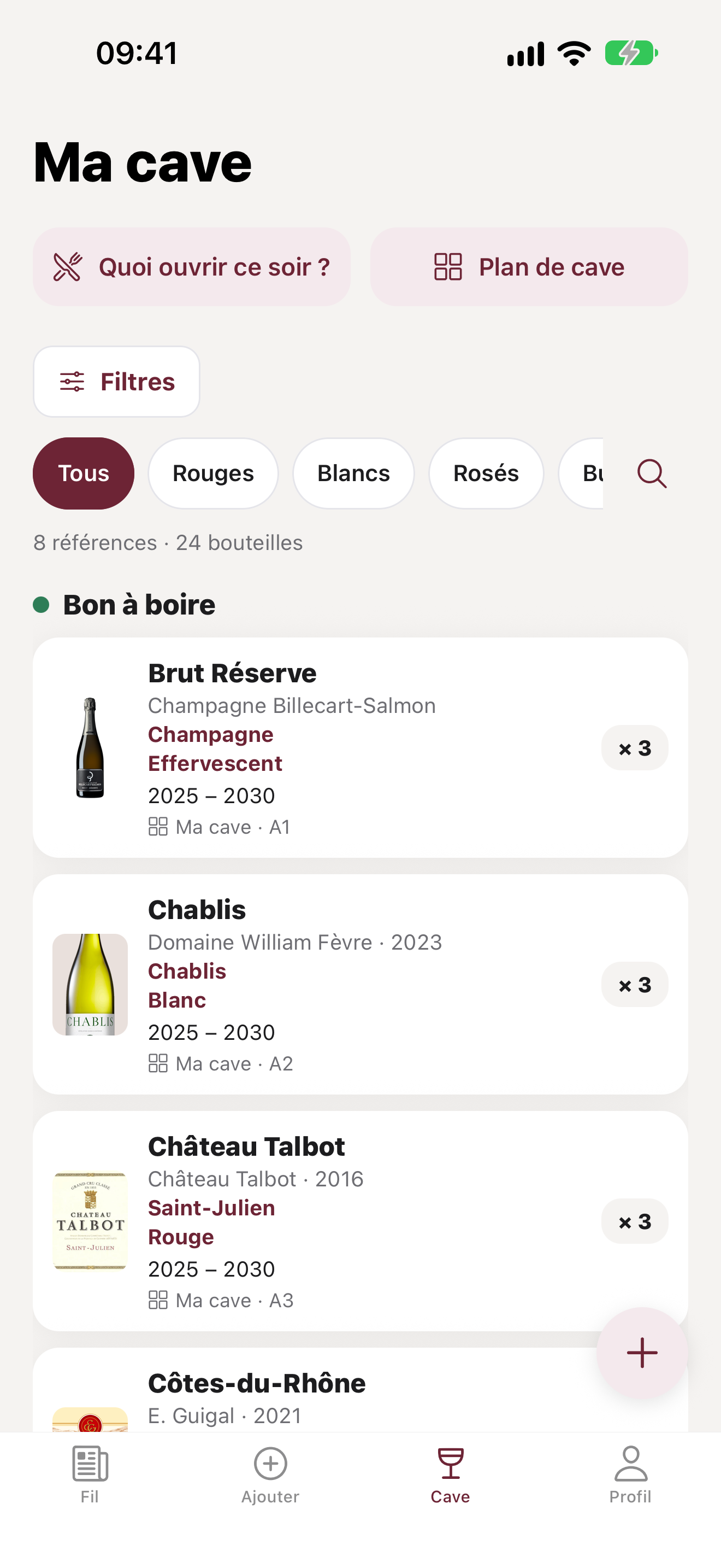 Ma cave : les bouteilles, le stock et les raccourcis pour choisir quoi ouvrir